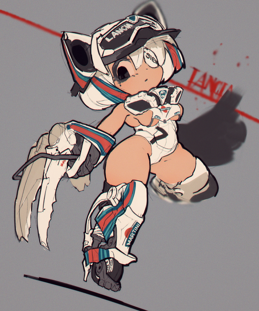 1girl baseball_cap black_hat black_thighhighs breast_curtains breasts claw_(weapon) clenched_hand eyepatch goggles goggles_on_headwear hat highres lancia_(brand) lancia_stratos leotard mask mask_around_neck mecha_musume one_eye_covered personification rikona sideboob skindentation solo thighhighs weapon wheel white_hair white_leotard world_rally_championship