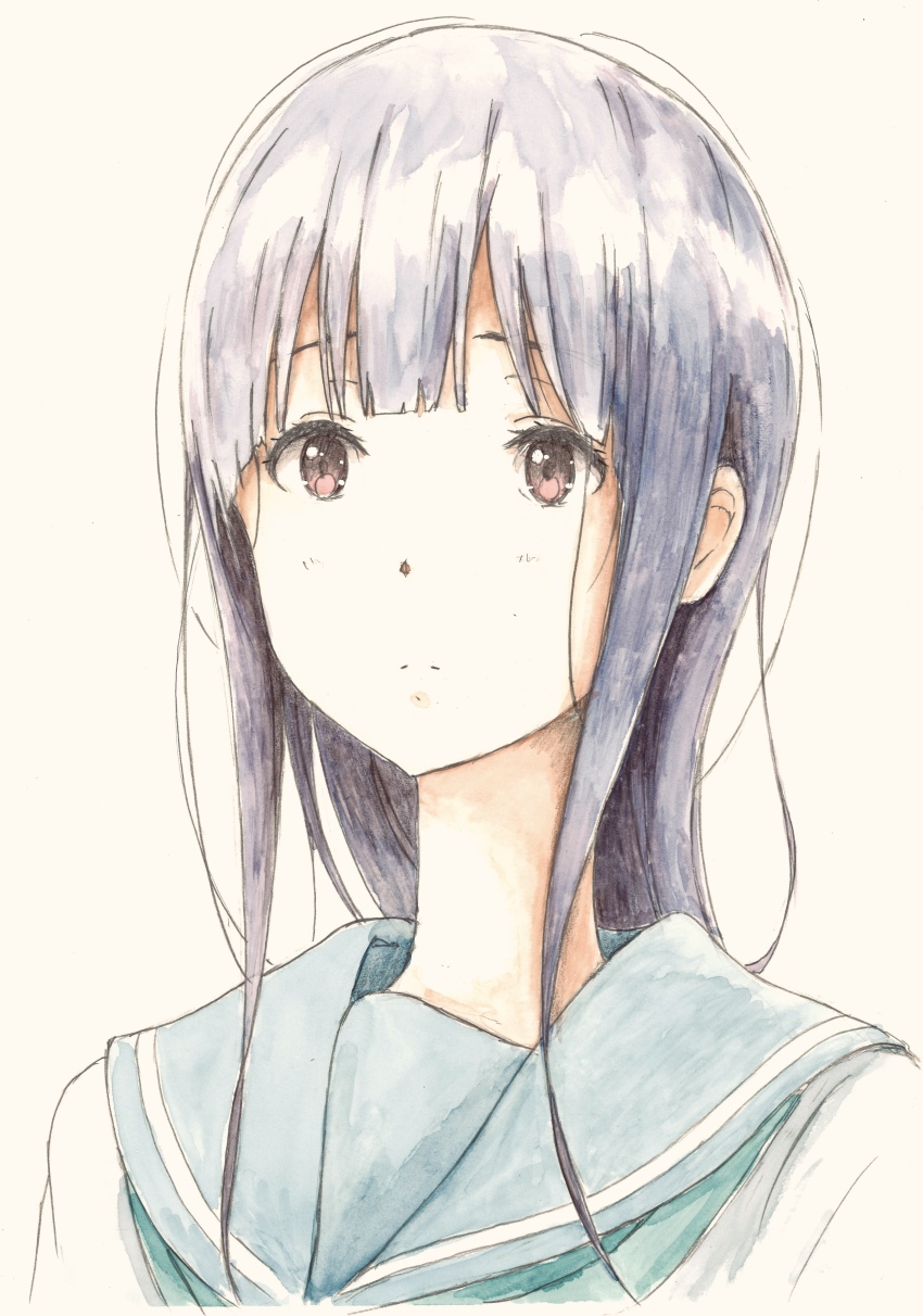 1girl absurdres bbmasa blue_hair blunt_bangs closed_mouth commentary_request gradient_background green_sailor_collar hibike!_euphonium highres kitauji_high_school_uniform liz_to_aoi_tori long_hair looking_at_viewer purple_background red_eyes sailor_collar school_uniform serafuku solo traditional_media upper_body yoroizuka_mizore