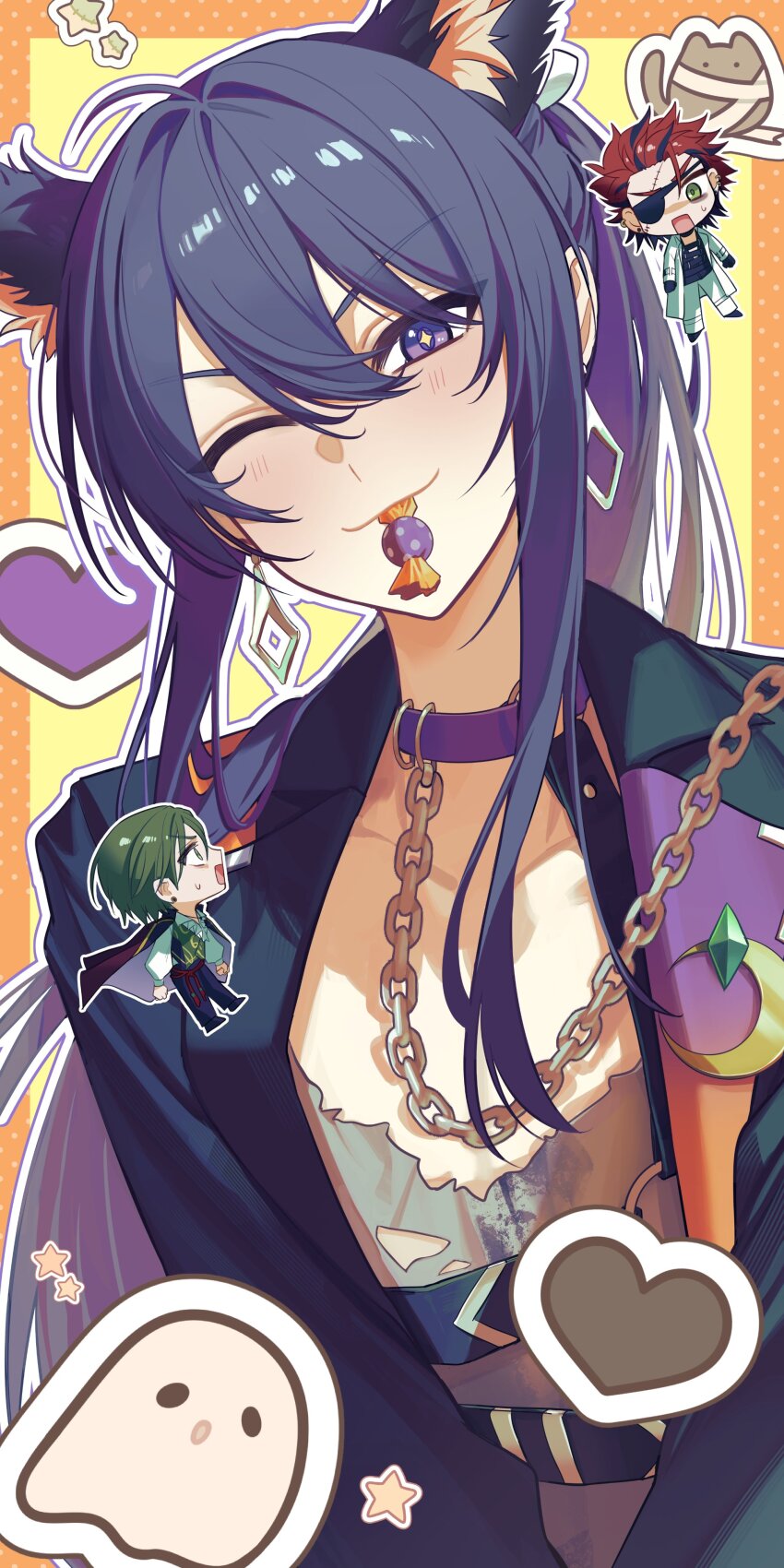 +_+ :3 absurdres ahoge animal_ears bags_under_eyes black_footwear black_gloves black_hair black_jacket black_pants black_shirt blush border cat chain chain_leash chest_belt chest_harness chibi chibi_inset choker coat collarbone collared_jacket crescent dirty dirty_clothes earrings ensemble_stars! eyepatch food_in_mouth frilled_shirt frills ghost gloves green_eyes green_hair green_vest hair_between_eyes hair_intakes hair_slicked_back halloween_costume harness hasumi_keito head_tilt heart highres jacket jacket_on_shoulders jewelry kanzaki_souma kiryu_kuro leash long_hair long_sleeves looking_at_another looking_at_viewer male_focus motoyui mouth_hold multicolored_hair multiple_boys multiple_earrings mummy_costume necklace official_alternate_costume one_eye_closed orange_border outline pants polka_dot_border ponytail purple_choker purple_eyes purple_hair rectangular_mouth red_hair san_su shirt short_hair sidelocks smile spiked_hair star_(symbol) stitched_face stitches surprised sweatdrop torn_clothes torn_shirt v-neck v-shaped_eyebrows very_long_hair vest white_coat white_outline white_pants white_shirt wide-eyed wolf_boy wolf_ears yellow_background