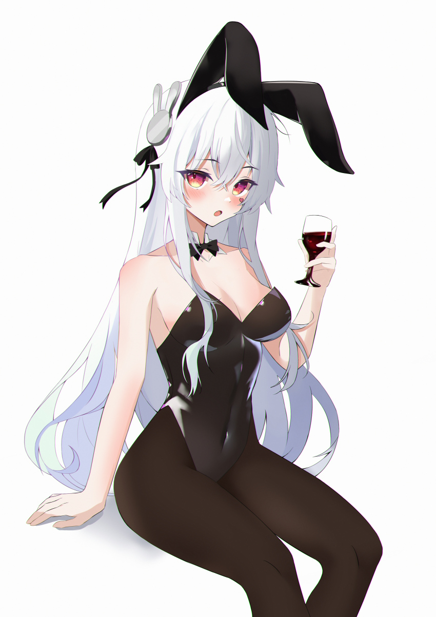 1girl :o absurdres animal_ears bare_arms bare_shoulders black_bow black_bowtie black_leotard black_pantyhose blush bow bowtie breasts cleavage collarbone commentary covered_navel crossed_bangs cup detached_collar fake_animal_ears fang hair_between_eyes hair_ornament hair_ribbon heart highleg highleg_leotard highres holding holding_cup large_breasts leotard long_bangs long_hair looking_at_viewer lower_teeth_only medium_breasts open_mouth original paheide_guang pantyhose playboy_bunny rabbit_hair_ornament red_eyes ribbon shadow simple_background sitting solo strapless strapless_leotard symbol-only_commentary teeth thighs traditional_bowtie uniform white_background white_hair