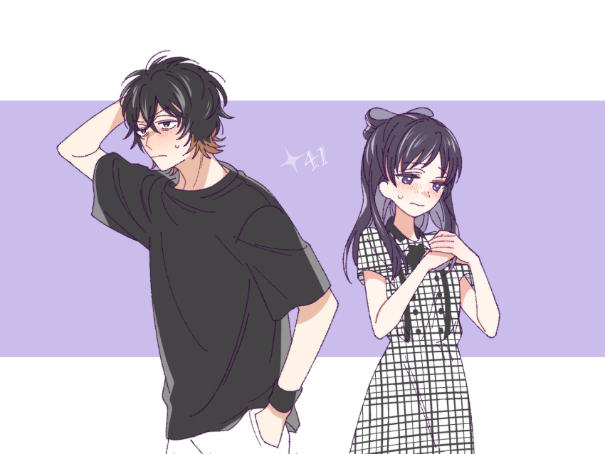 1boy 1girl bags_under_eyes black_hair black_shirt bow colored_inner_hair dress grey_hair hair_between_eyes hair_bow hand_on_own_head highres magami_keigo messy_hair miyao_nemu multicolored_hair own_hands_together plaid_clothes plaid_dress purple_background purple_eyes shirt short_sleeves standing sweatdrop two-tone_background unmoving_pattern white_dress witch_watch yoshitaka_(palooo)