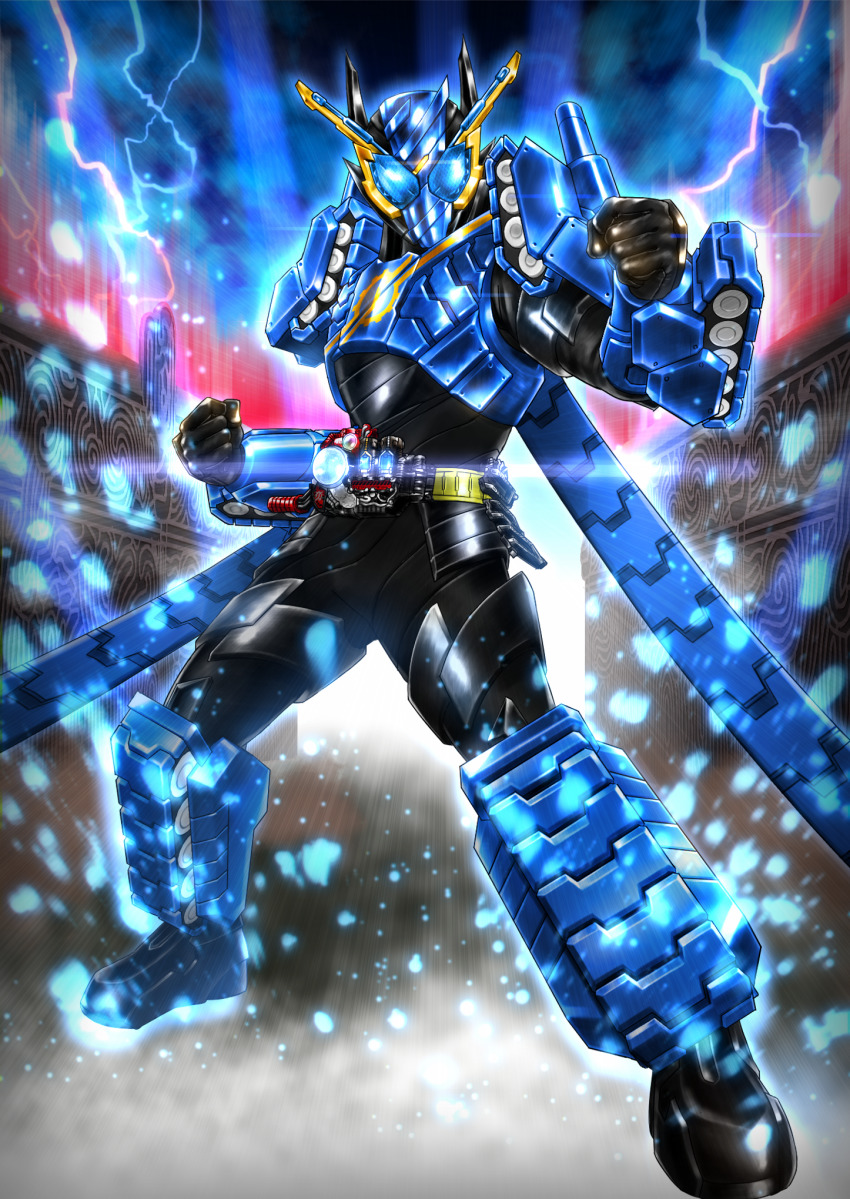 armor blue_armor blue_eyes build_driver rider_belt electricity gloves hazard_trigger highres kamen_rider kamen_rider_build kamen_rider_build_(series) male_focus military military_vehicle motor_vehicle power_armor powering_up rider_belt ryukawa tank tank+tank_form tokusatsu