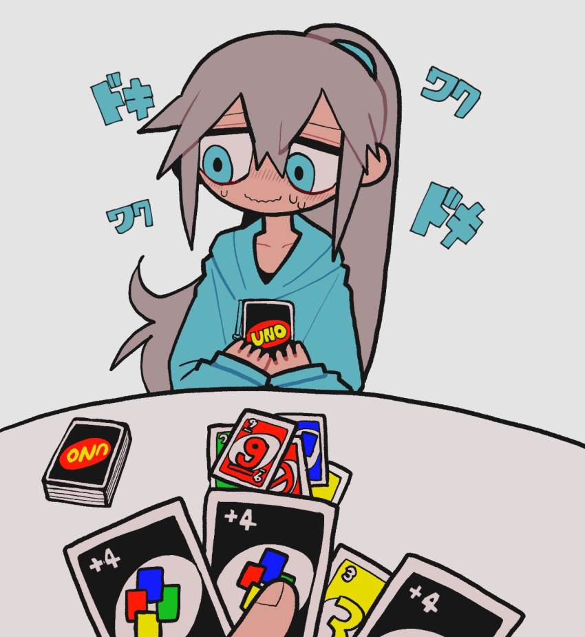 1girl 1other aqua_eyes aqua_hoodie board_game card card_game closed_mouth collarbone commentary_request grey_hair highres holding holding_card hood hood_down hoodie ichika-chan_(iiiichimaru_03) iiiichimaru_03 imminent_uno_loss_(meme) long_hair looking_to_the_side meme original playing_card playing_games ponytail pov pov_hands simple_background solo_focus sweat table uno_(game) uno_reverse_card wavy_mouth white_background