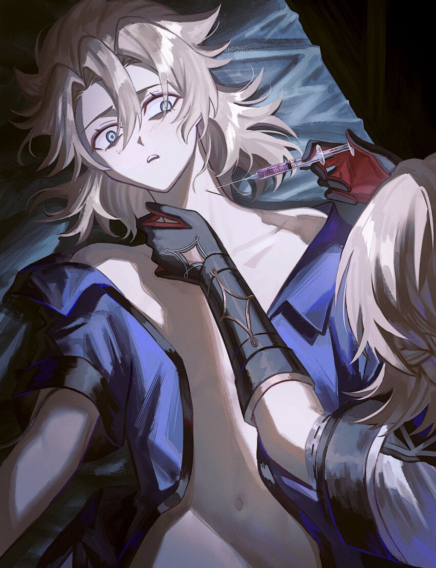 2boys albedo_(genshin_impact) bed bed_sheet black_gloves blonde_hair blue_eyes blue_shirt clone coat collarbone collared_shirt commentary genshin_impact gloves hair_between_eyes highres holding holding_syringe hospital_bed indoors injection lying male_focus march_rly medium_hair multiple_boys navel off_shoulder on_back open_clothes open_mouth open_shirt parted_bangs primordial_albedo red_gloves scared shirt short_sleeves stomach sweatdrop symbol-only_commentary syringe teeth two-tone_gloves upper_teeth_only white_coat wide-eyed