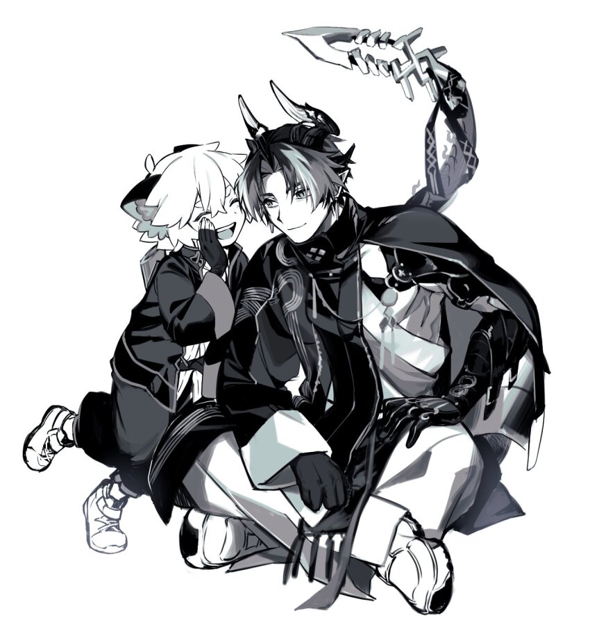 2boys animal_ears arknights cat_boy cat_ears chongyue_(arknights) cloak closed_mouth colored_skin dragon_boy dragon_horns dragon_tail fingerless_gloves full_body gloves highres horns ieiieiiei jacket looking_at_another luo_xiaohei luo_xiaohei_zhanji monochrome multiple_boys open_mouth pants pointy_ears shirt shoes simple_background smile sneakers tail teeth upper_body upper_teeth_only white_background