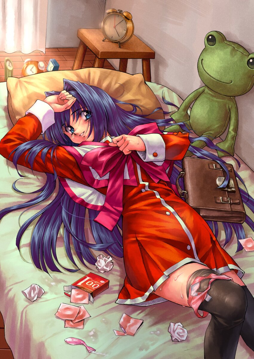 1girl aftersex black_thighhighs blue_eyes blue_hair bow bowtie condom dress frog hair_spread_out head_on_pillow highres kanon keropii long_hair longmei_er_de_tuzi lying minase_nayuki on_back open_wrapper pillow pink_bow pink_bowtie red_dress smile solo stuffed_animal stuffed_toy sweat thighhighs thighs used_condom used_tissue very_long_hair