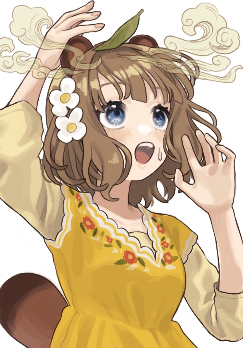 1girl :o animal_ears arm_up blue_eyes blush breasts brown_hair collarbone colored_smoke commentary_request fingernails floral_print flower flower_request hair_flower hair_ornament hand_up highres idolmaster idolmaster_million_live! layered_sleeves leaf leaf_on_head long_sleeves looking_up medium_breasts medium_hair open_mouth raccoon_ears raccoon_girl raccoon_tail raised_eyebrows shirt short_over_long_sleeves short_sleeves sidelocks simple_background smoke solo suou_momoko sweatdrop tail tanupon teeth thick_eyelashes three-quarter_sleeves upper_body upper_teeth_only white_background yellow_shirt
