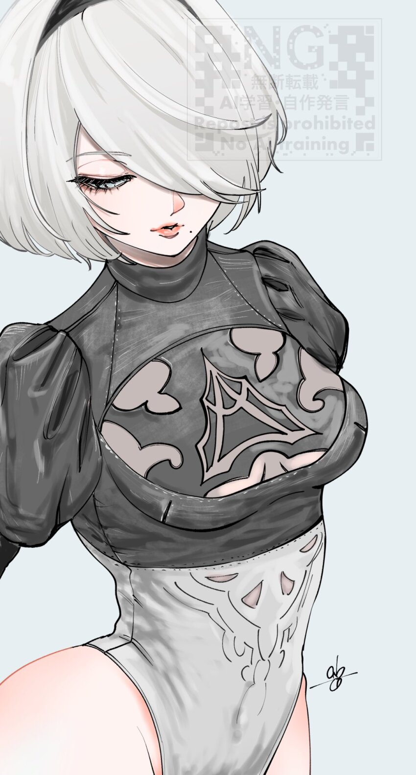 1girl 2b_(nier:automata) abeinoddword black_hairband breasts commentary eyelashes grey_background hair_over_one_eye hairband half-closed_eyes highleg highleg_leotard highres leotard medium_breasts mole mole_under_mouth nier:automata nier_(series) puffy_sleeves short_hair simple_background solo standing watermark white_hair