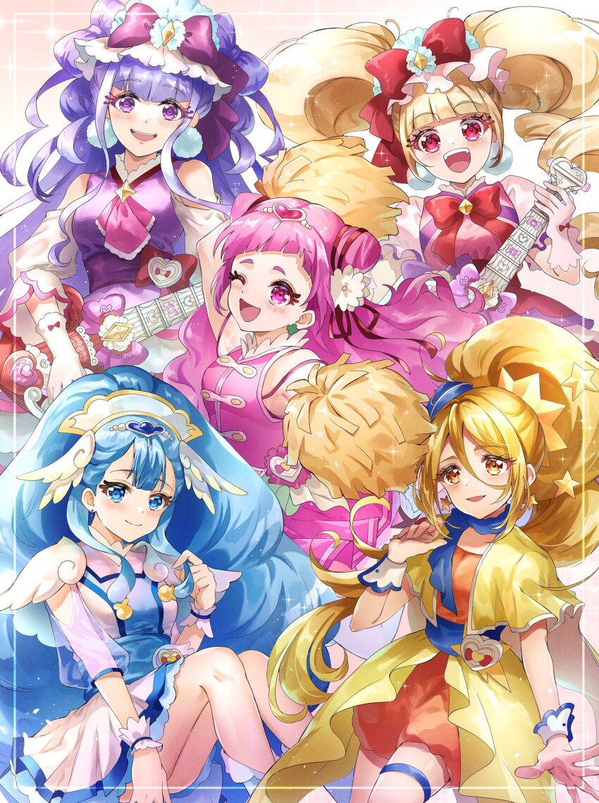 5girls aisaki_emiru ascot back_bow blonde_hair blue_eyes blue_hair blue_headwear blue_scarf blunt_bangs blush bow breasts capelet clover_earrings cone_hair_bun cure_amour cure_ange cure_etoile cure_macherie cure_yell dress drill_hair earrings flower garrison_cap gloves hair_bun hair_flower hair_ornament hair_ribbon hat head_wings heart heart_hair_ornament heart_pouch highres hugtto!_precure jewelry kagayaki_homare layered_dress layered_skirt long_hair magical_girl mini_hat muginome_(bakuga_chan2) multiple_girls navel nono_hana open_mouth orange_dress pink_ascot pink_hair pink_shirt pink_skirt pom_pom_(clothes) pom_pom_earrings precure puffy_sleeves purple_ascot purple_bow purple_eyes red_bow red_eyes ribbon ruru_amour scarf see-through_clothes see-through_sleeves shirt short_sleeves skirt smile star_(symbol) star_earrings star_hair_ornament thick_eyelashes twin_drills twintails very_long_hair waist_brooch white_gloves wings wrist_cuffs yakushiji_saaya yellow_capelet