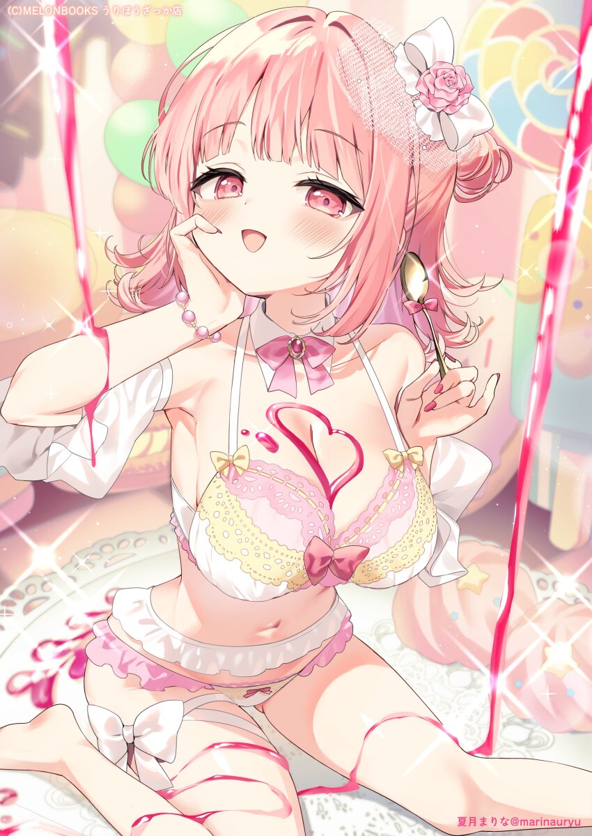 1girl :d absurdres armpits artist_name barefoot blush bow bra bracelet breasts cleavage collar copyright_notice detached_collar detached_sleeves dot_nose flower food_on_body food_on_breasts frilled_panties frills hair_bow hair_flower hair_ornament hand_on_own_cheek hand_on_own_face hands_up happy highres holding holding_spoon jewelry lace lace-trimmed_bra lace_trim large_breasts legs_apart lingerie looking_at_viewer medium_hair melonbooks multicolored_bra multicolored_panties navel open_mouth original panties pearl_bracelet pink_bow pink_bra pink_eyes pink_flower pink_hair pink_nails pink_panties pink_rose raised_eyebrows rose sitting smile solo spoon thigh_strap twitter_username underwear white_bow white_bra white_collar white_panties white_sleeves yellow_bra
