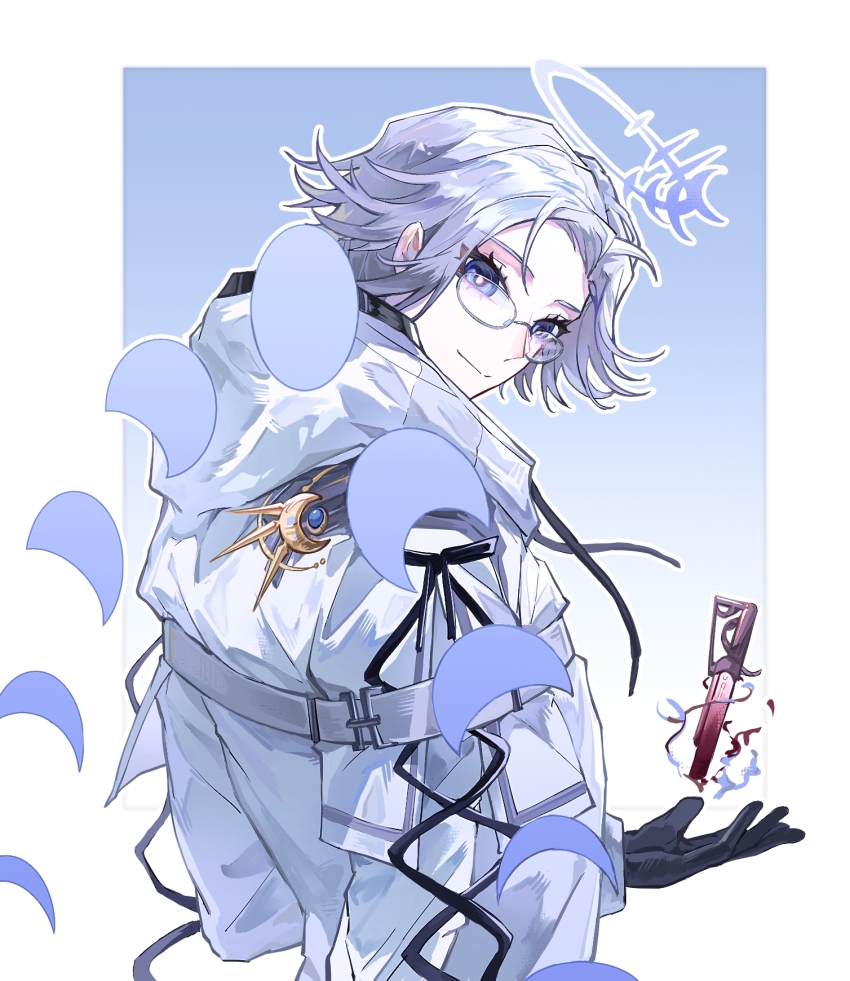 1boy aotsuki_eito black_gloves black_ribbon blue_background blue_eyes bright_pupils chinese_commentary commentary_request drawstring floating floating_object floating_weapon from_behind glasses gloves gradient_background grey_hair halo highres jacket knife looking_at_viewer looking_back male_focus moon_phases ribbon short_hair simple_background solo the_hundred_line_-last_defense_academy- two-tone_background white_background white_jacket white_pupils youzixiaozhu