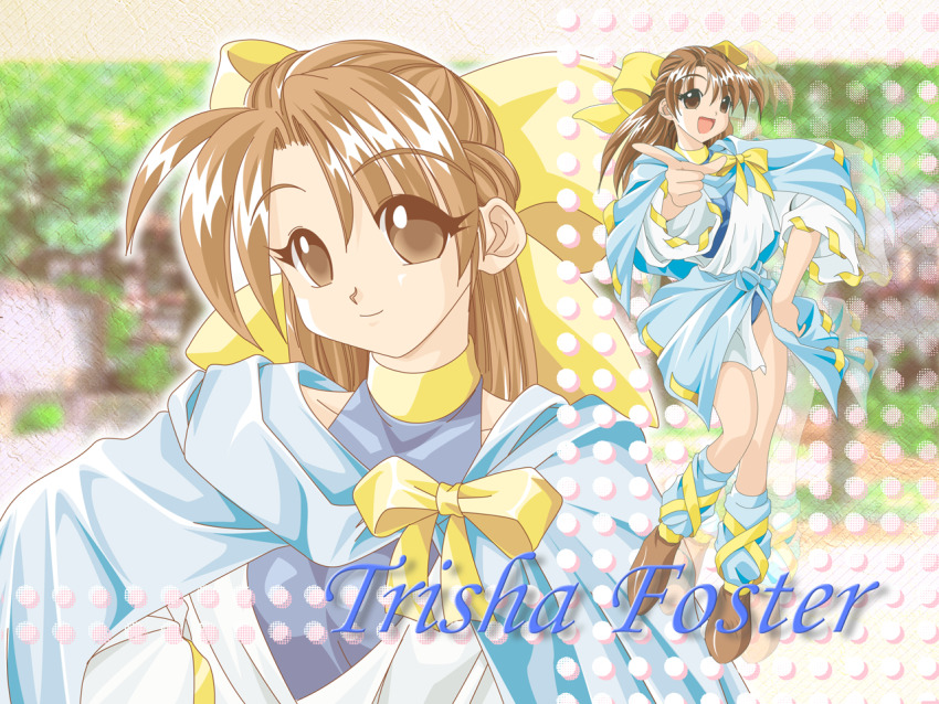 1girl atelier-moo blue_capelet blue_leotard bow brown_eyes brown_hair capelet character_name collarbone full_body hair_bow hand_on_own_hip leotard long_hair looking_at_viewer open_mouth pointing pointing_at_viewer ribbon skirt smile solo standing standing_on_one_leg thighs trisha_foster upper_body wedgie yellow_bow yuukyuu_gensoukyoku