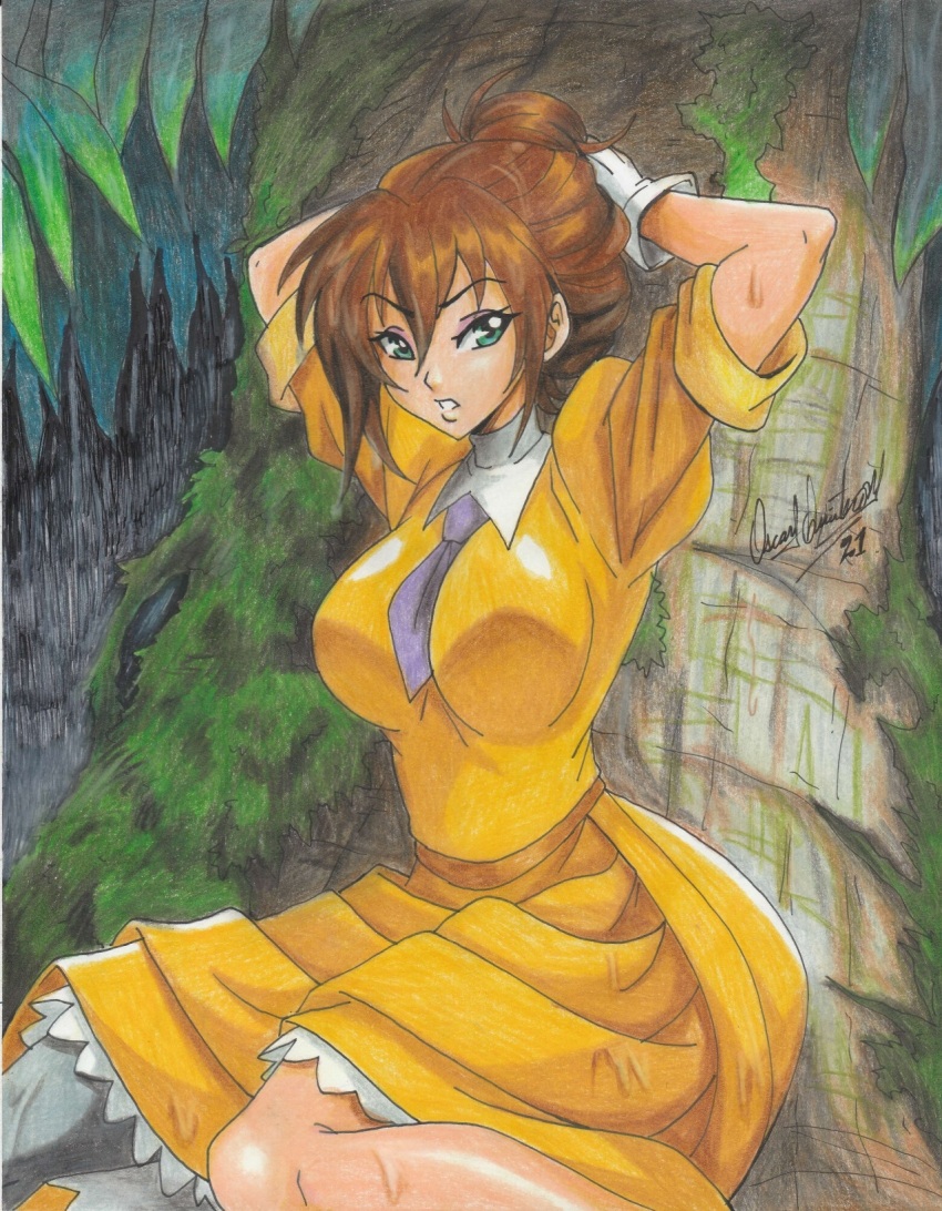 1girl 2021 angry arms_behind_head breasts brown_hair disney dress gloves green_eyes hair_tied highres jane_porter jungle large_breasts moss nature necktie open_mouth ravernclouk_design solo tarzan traditional_media tree wet wet_clothes white_gloves yellow_dress