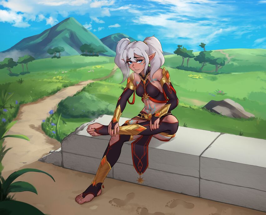 1girl absurdres armlet armor artist_name bare_shoulders blue_eyes blue_flower blue_sky body_markings breasts breath bridal_gauntlets chain cloud cloudy_sky commentary commission crossed_legs dancer dark_skin dirt elf english_commentary feet flower footprints furrowed_brow gem gold_armor gold_ring grass highres hill holding_own_foot jewelry kariksart lettanya loincloth midriff mountain mountainous_horizon navel navel_piercing orange_gemstone original piercing pointy_ears rock second-party_source sitting sky small_breasts solo stirrup_legwear stomach sweat tan toe_ring toeless_legwear toenails toes toned tree twintails white_hair