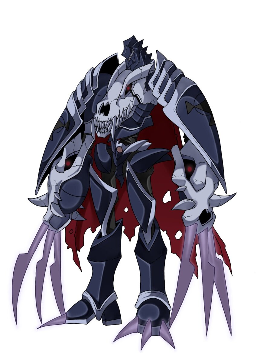 armor cape claws corruption digimon digimon_(creature) highres miragegaogamon oridigi red_cape red_eyes sharp_teeth shoulder_armor skull solo someguy944 teeth torn_cape torn_clothes