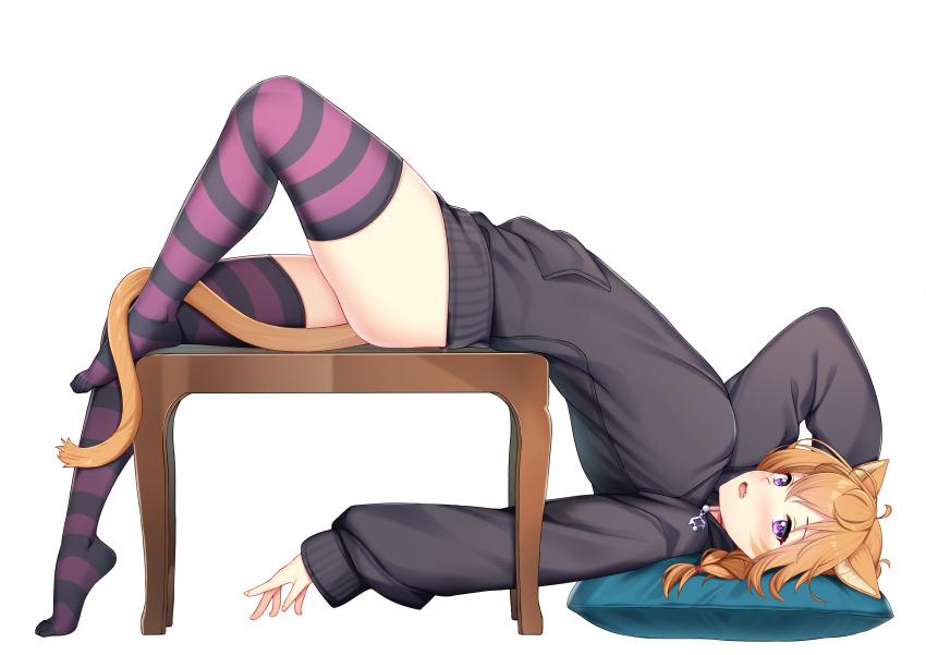 1girl absurdres animal_ears black_sweater blush braid cat_ears cat_girl choker collar commission commissioner_upload facepaint facial_mark fang fire_emblem fire_emblem:_path_of_radiance fire_emblem:_radiant_dawn highres large_variant_set looking_at_viewer lying lyre_(fire_emblem) messy_hair nabunabu nintendo no_pants open_mouth orange_hair orange_tail pillow pink_choker pink_collar pocket purple_eyes socks solo striped_clothes striped_socks sweater thick_thighs thighs variant_set whisker_markings white_background