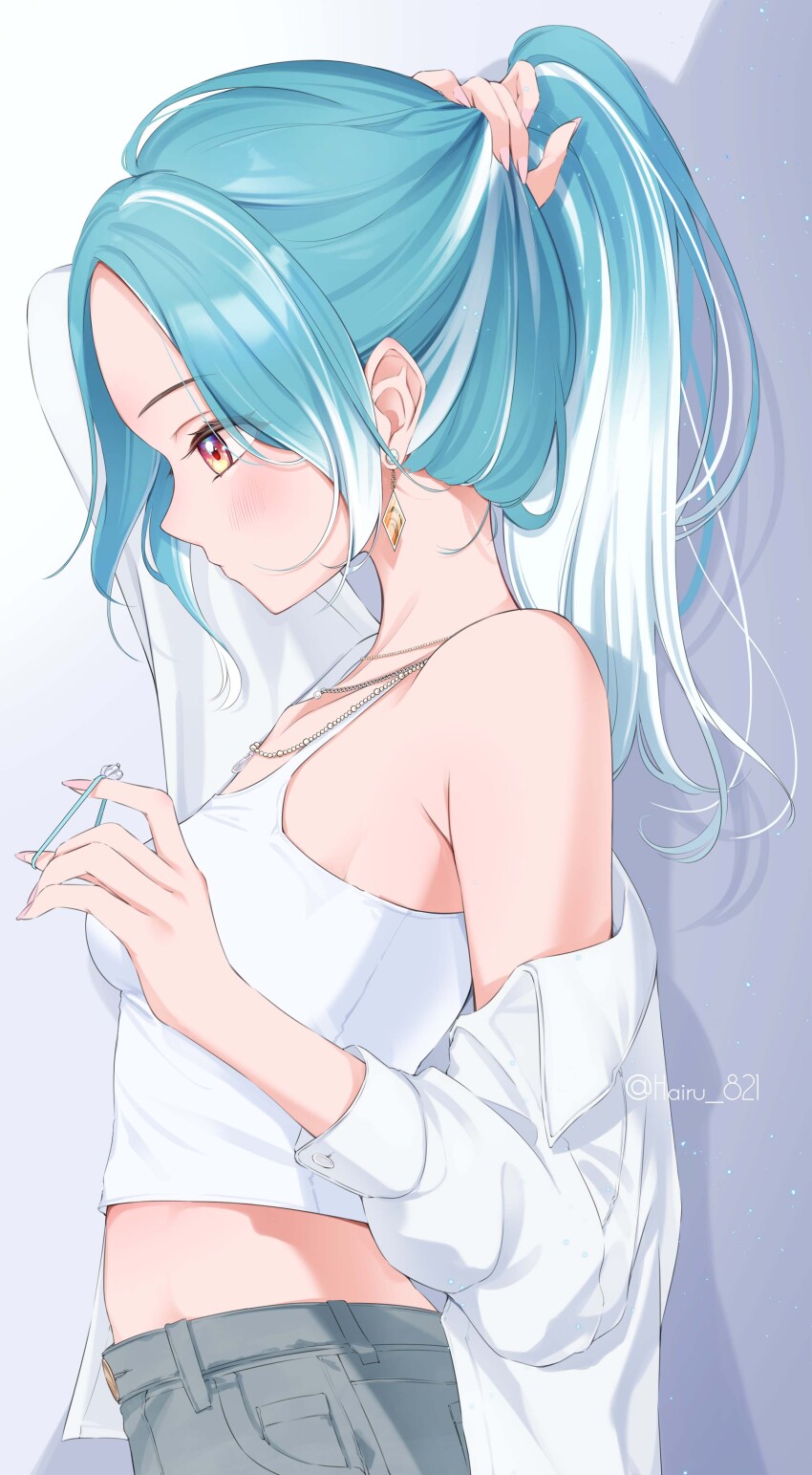 1girl absurdres arms_behind_head bead_necklace beads blue_hair breasts camisole denim denim_shorts diamond_earrings earrings from_side grey_shorts hair_tie hairu_821 highres holding holding_hair_tie jewelry long_hair medium_breasts midriff multiple_necklaces necklace off_shoulder ponytail profile red_eyes shiranami_ramune shiranami_ramune_(4th_costume) shirt short_hair shorts single_off_shoulder solo tying_hair virtual_youtuber vspo! white_camisole white_shirt