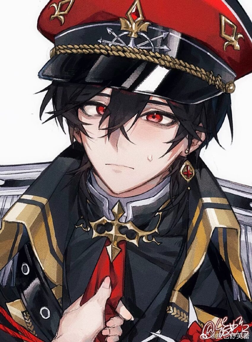 1boy ayn_alwyn ayn_alwyn_(infinite_empire) bdsm black_hair black_jacket black_shirt bondage bound closed_mouth clothes_grab collared_jacket earrings epaulettes gem hair_between_eyes hat highres jacket jewelry ling_ye_shufulei looking_at_viewer lovebrush_chronicles male_focus military_hat military_uniform necktie necktie_grab neckwear_grab peaked_cap pov pov_hands red_eyes red_gemstone red_hat red_necktie red_rope rope shirt short_hair signature simple_background single_earring solo sweatdrop upper_body watermark weibo_watermark white_background