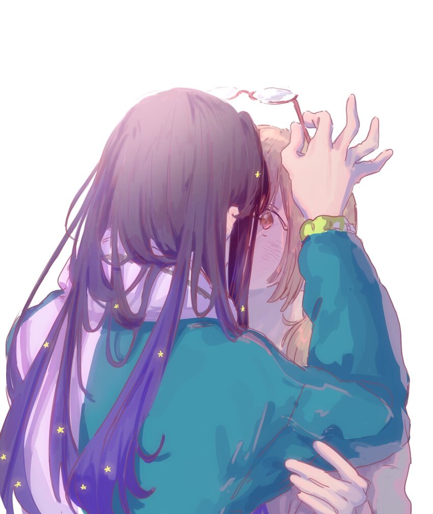 2girls azusawa_kohane black_hair blue_hair blue_jacket blush brown_eyes brown_hair chi_kurukuru commentary_request glasses gradient_hair hair_ornament highres jacket kiss long_hair long_sleeves multicolored_hair multiple_girls project_sekai removing_eyewear shiraishi_an simple_background star_(symbol) star_hair_ornament white_background yuri