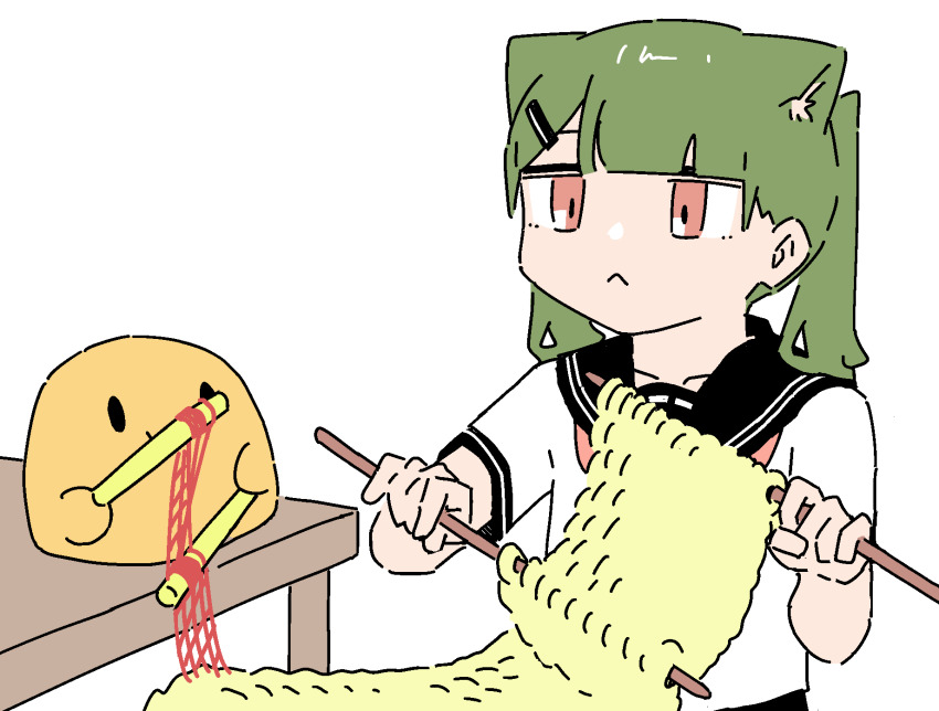 animal_ears animated animated_gif cat_ears cat_girl expressionless green_hair highres knitting knitting_needle low_twintails needle rag-chan ragcats red_eyes rid0922 school_uniform serafuku simple_background table twintails
