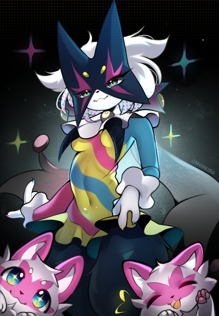 alternate_color alternate_shiny_pokemon artist_name blacephalon blacephalon_(cosplay) closed_eyes clothed_pokemon cosplay covered_navel dress gen_7_pokemon gloves highres kisahuiisa looking_at_viewer mask meowscarada multicolored_dress nintendo open_mouth pink_fur pokemon pokemon_(creature) short_dress sparkle sparkling_eyes sprigatito two-tone_fur ultra_beast white_gloves