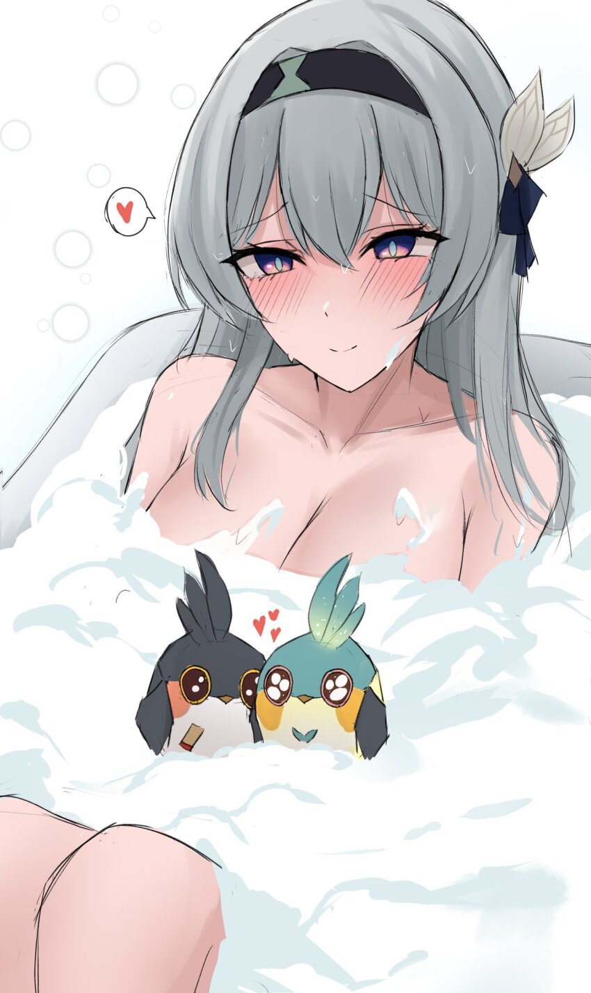 bathtub blush breasts cleavage firefly_(birefly)_(honkai:_star_rail) firefly_(honkai:_star_rail) hair_ornament headband heart highres honkai:_star_rail honkai_(series) in_bathtub knees namikare pink_eyes soap soap_bubbles trailblazer_(trailbirder)_(honkai:_star_rail) white_background white_hair