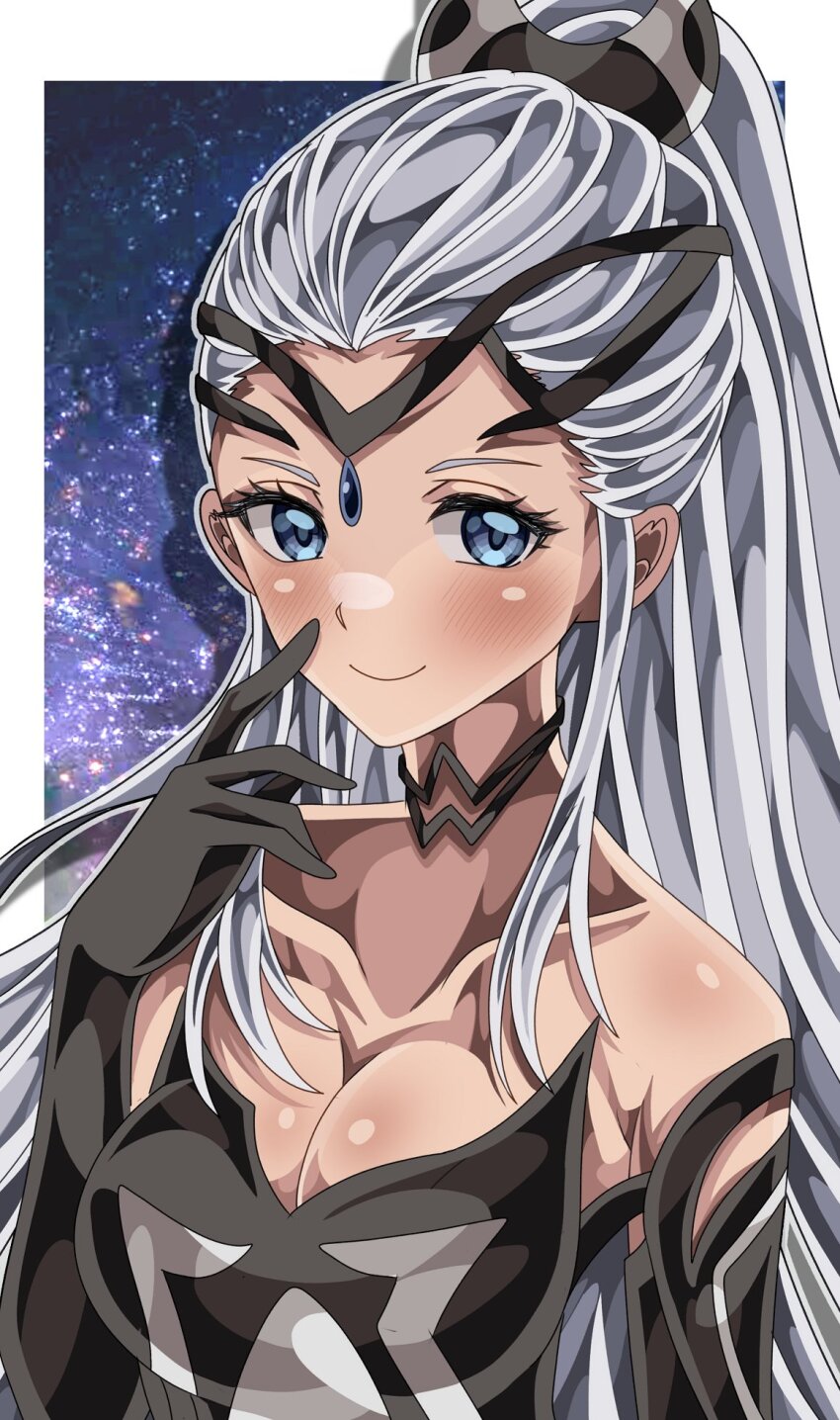 black_choker black_dress black_gloves black_tiara blue_eyes breasts choker cleavage collarbone commission commissioner_upload dress eir_(fire_emblem) fire_emblem fire_emblem_heroes gloves highres jewelry light_smile long_hair medium_breasts nintendo ponytail shiki_(kisikisi1007) sidelocks skeb_commission tiara white_dress white_hair