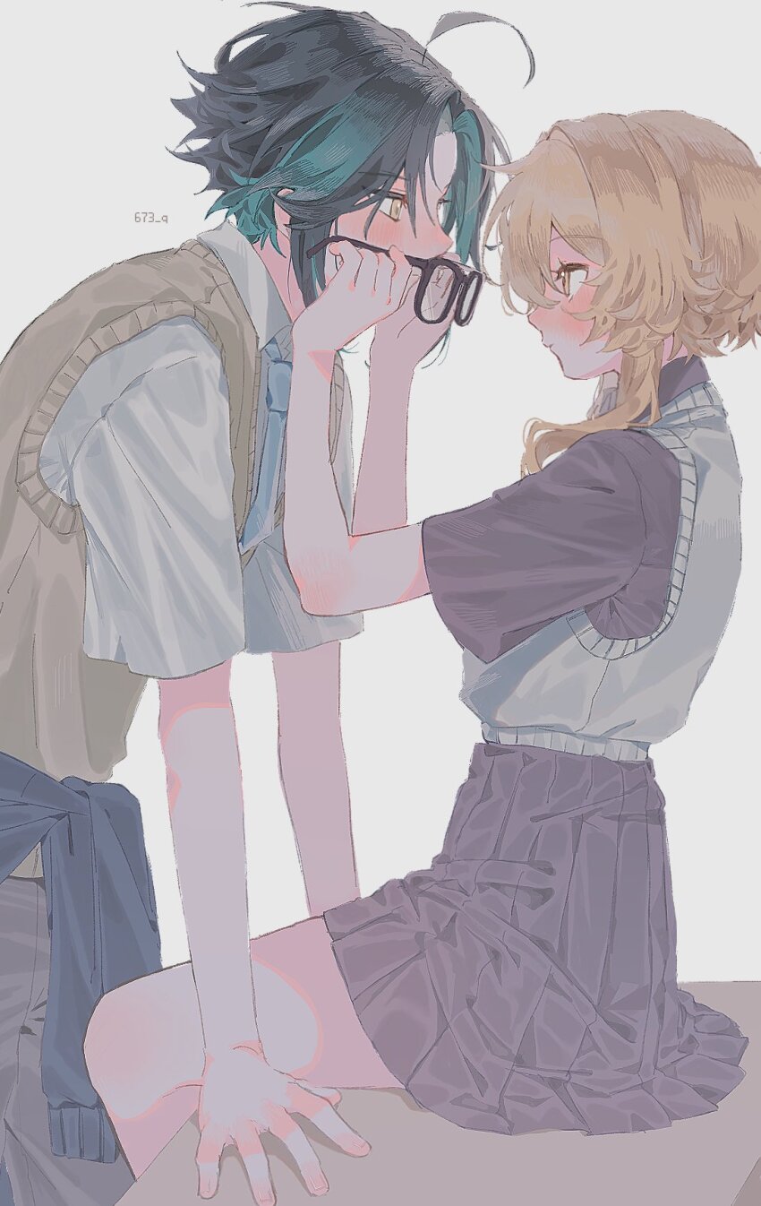 1boy 1girl 673_q adjusting_another&#039;s_eyewear ahoge arm_support black-framed_eyewear black_hair black_pants black_shirt black_skirt blonde_hair blue_jacket blue_necktie blush brown_sweater_vest closed_mouth clothes_around_waist collared_shirt curtained_hair face-to-face feet_out_of_frame fingernails from_side genshin_impact glasses green_hair grey_background hetero highres jacket jacket_around_waist leaning_forward lumine_(genshin_impact) miniskirt multicolored_hair necktie one_eye_closed pants pleated_skirt profile shirt short_hair short_hair_with_long_locks short_sleeves simple_background sitting skirt standing sweater_vest table twitter_username two-tone_hair white_shirt white_sweater_vest xiao_(genshin_impact) yellow_eyes
