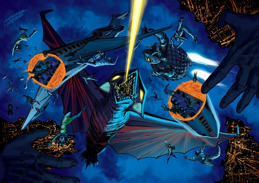 aerial_battle aircraft airplane battle bioluminescence boosters breath_weapon burning city city_lights daiei_motion_picture energy energy_beam epic exhaust falling fire flying gamera gamera_(series) gamera_vs._gyaos glowing glowing_eyes gyaos highres hot jeff_zornow kaiju laser melting molten_metal mouth_beam night pov rotated supersonic_scalpel thrusters turtle tusks wings yellow_laser