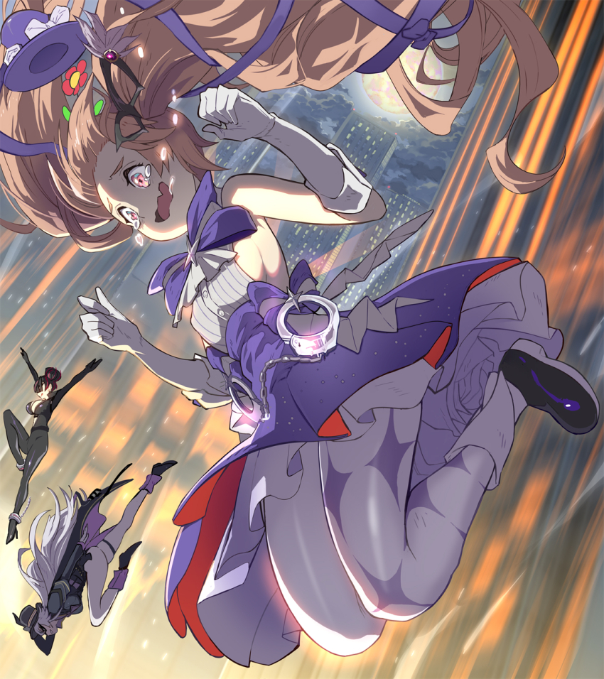 3girls alternate_costume artist_request ass bare_shoulders black_hair bodysuit boots breasts brown_eyes brown_hair dress drill_hair falling fang gloves goddess_of_victory:_nikke hair_ribbon hairline hat highres large_breasts long_hair looking_down miranda_(nikke) miranda_(thief_of_justice)_(nikke) multiple_girls pantyhose phantom_(nikke) quency_(escape_queen)_(nikke) quency_(nikke) red_eyes ribbon short_dress skin_fang smile tears twin_drills twintails very_long_hair