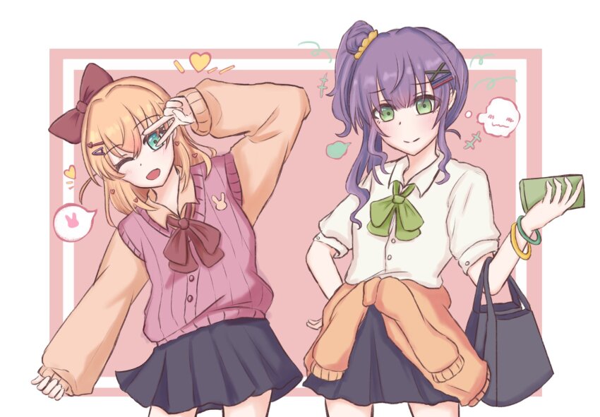 +++ 2girls ;d bag black_skirt blush bow bowtie bracelet brown_cardigan brown_shirt cardigan cardigan_around_waist cardigan_vest cerise_bouquet clothes_around_waist collared_shirt commentary contrapposto crossed_bangs dress_shirt elbow_carry green_bow green_bowtie green_eyes gyaru hair_bun hair_ornament hairclip hand_on_own_hip hand_up handbag heart heart_hair_ornament highres hikari863126 hinoshita_kaho holding holding_phone inset_border jewelry kogal leaning_to_the_side like_and_redraw_challenge link!_like!_love_live! lone_nape_hair long_hair long_sleeves loose_bowtie love_live! medium_hair miniskirt multiple_girls notice_lines one_eye_closed open_mouth orange_hair otomune_kozue outside_border phone pink_background pink_vest pleated_skirt puff_of_air puffy_long_sleeves puffy_sleeves purple_hair rabbit_hair_ornament red_bow red_bowtie scrunchie shirt side_ponytail sidelocks single_side_bun skirt sleeves_past_wrists smile speech_bubble spoken_object sweatdrop symbol-only_commentary thought_bubble two_side_up v v_over_eye vest virtual_youtuber white_shirt yellow_scrunchie