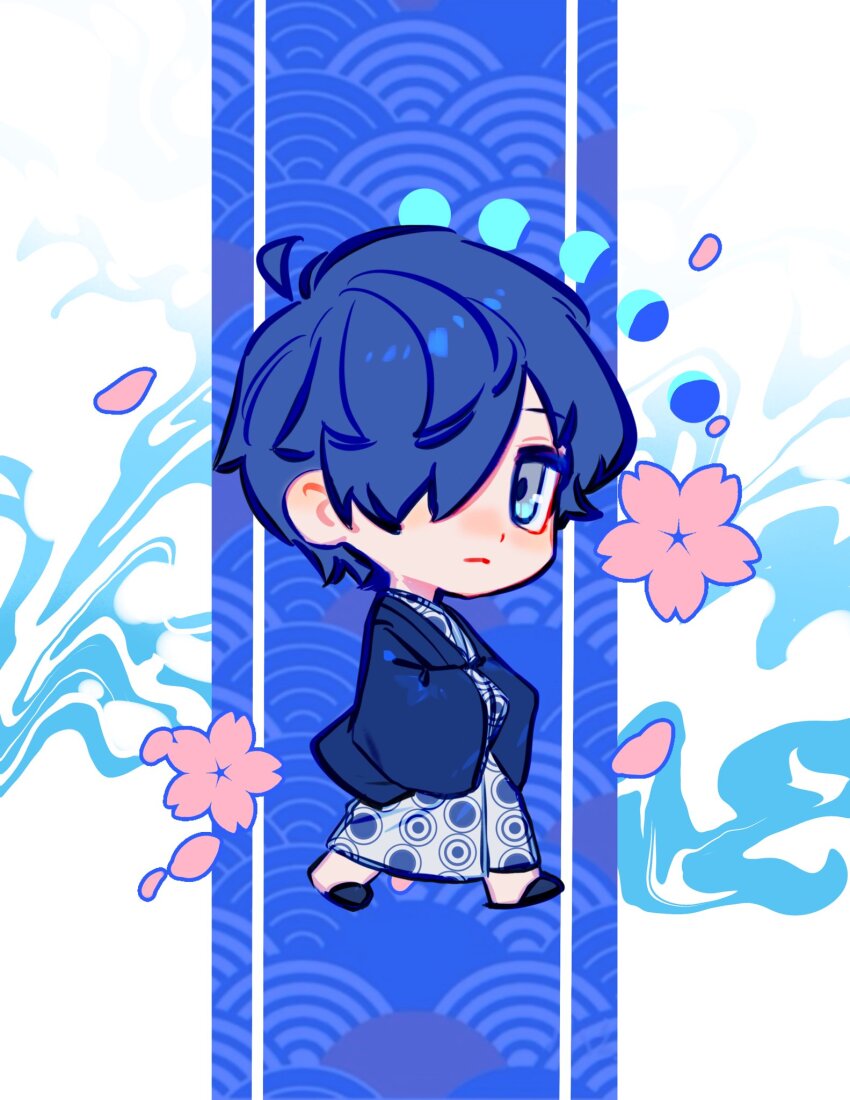 1boy ahoge brown_eyes brown_hair cherry_blossoms closed_mouth falling_petals flower full_body hair_over_one_eye hashtag-only_commentary highres japanese_clothes kimono looking_at_viewer male_focus official_alternate_costume persona persona_3 persona_3_reload petals pink_flower pink_petals rrrrrrrrrrrou1 short_hair solo yukata yuuki_makoto_(persona_3)