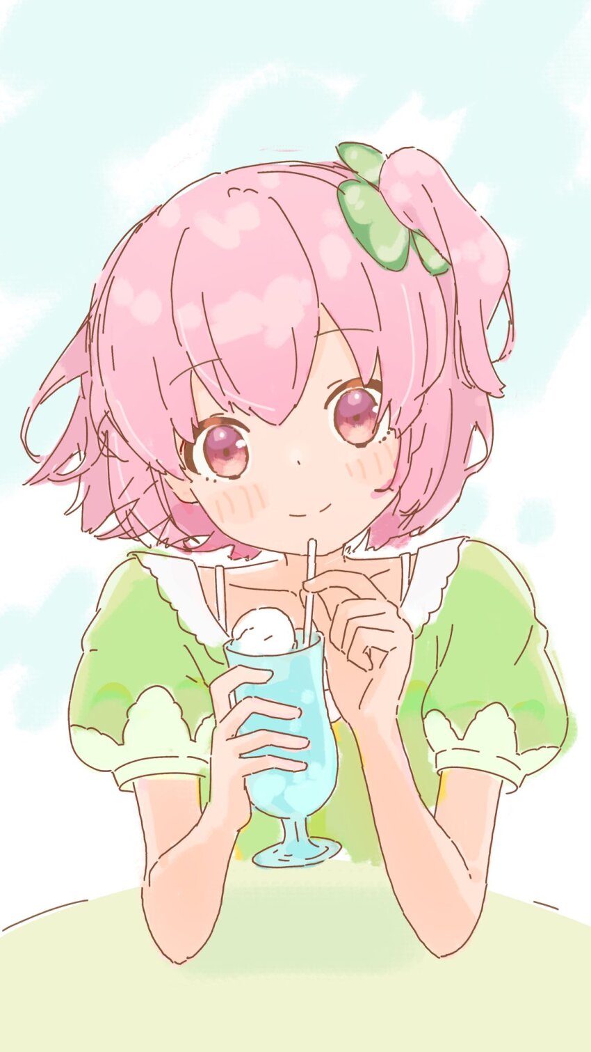 1girl assault_lily blue_background blush closed_mouth clover_hair_ornament commentary_request cup drinking_glass drinking_straw elbows_on_table food four-leaf_clover_hair_ornament green_shirt hair_ornament hands_up highres hitotsuyanagi_riri holding holding_cup holding_drinking_straw ice_cream ice_cream_float kashiko_(kash1k0) official_alternate_costume one_side_up pink_eyes pink_hair puffy_short_sleeves puffy_sleeves shirt short_hair short_sleeves smile solo table two-tone_background upper_body white_background