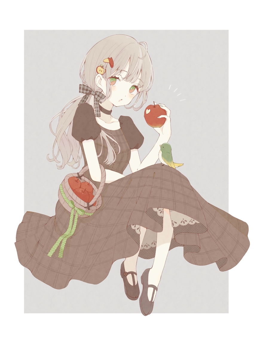 1girl akiyu apple_hair_ornament basket bird bird_on_knee black_bow black_choker black_dress black_footwear bow bright_pupils brown_hair choker closed_mouth collarbone commentary dress food food-themed_hair_ornament fruit green_eyes hair_bow hair_ornament heart highres holding holding_basket holding_food holding_fruit invisible_chair long_hair looking_at_viewer notice_lines open_mouth original plaid_bow plaid_clothes plaid_dress puffy_short_sleeves puffy_sleeves short_sleeves sidelocks sitting solo surprised symbol-only_commentary white_pupils
