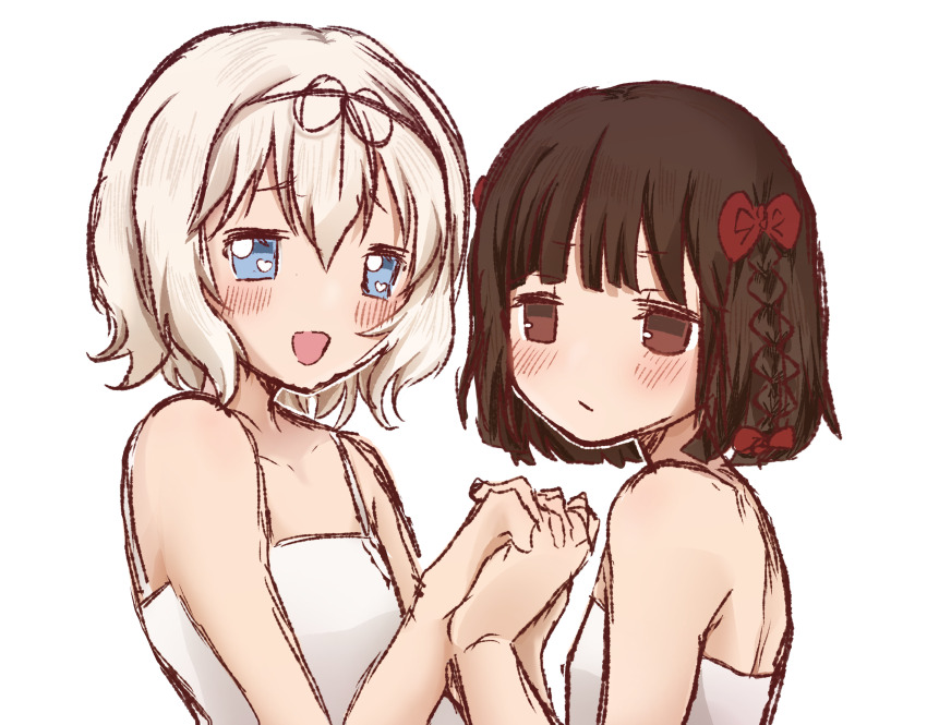 2girls blue_eyes blush bow braid brown_hair closed_mouth heart heart-shaped_pupils highres holding_hands interlocked_fingers kitanai_kimi_ga_ichiban_kawaii multiple_girls mydnam.art open_mouth red_bow side_braid simple_background smile symbol-shaped_pupils tank_top white_background white_hair white_tank_top yuri