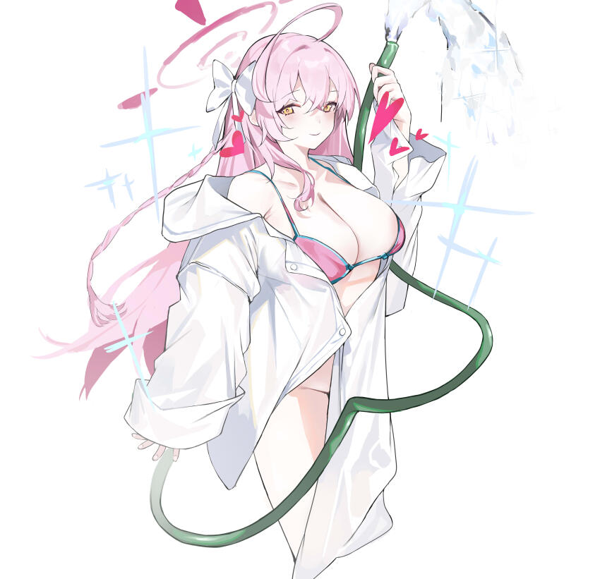 1girl absurdres bikini blue_archive bottomless breasts chinese_commentary cleavage closed_mouth commentary_request hair_ribbon halo hanako_(blue_archive) hanako_(swimsuit)_(blue_archive) hand_up heart highres holding holding_hose hose large_breasts long_hair long_sleeves looking_at_viewer off_shoulder official_alternate_costume oversized_clothes oversized_shirt pink_bikini pink_hair pink_halo ribbon shirt simple_background sleeves_past_wrists smile solo swimsuit white_background white_ribbon white_shirt yellow_eyes youik16