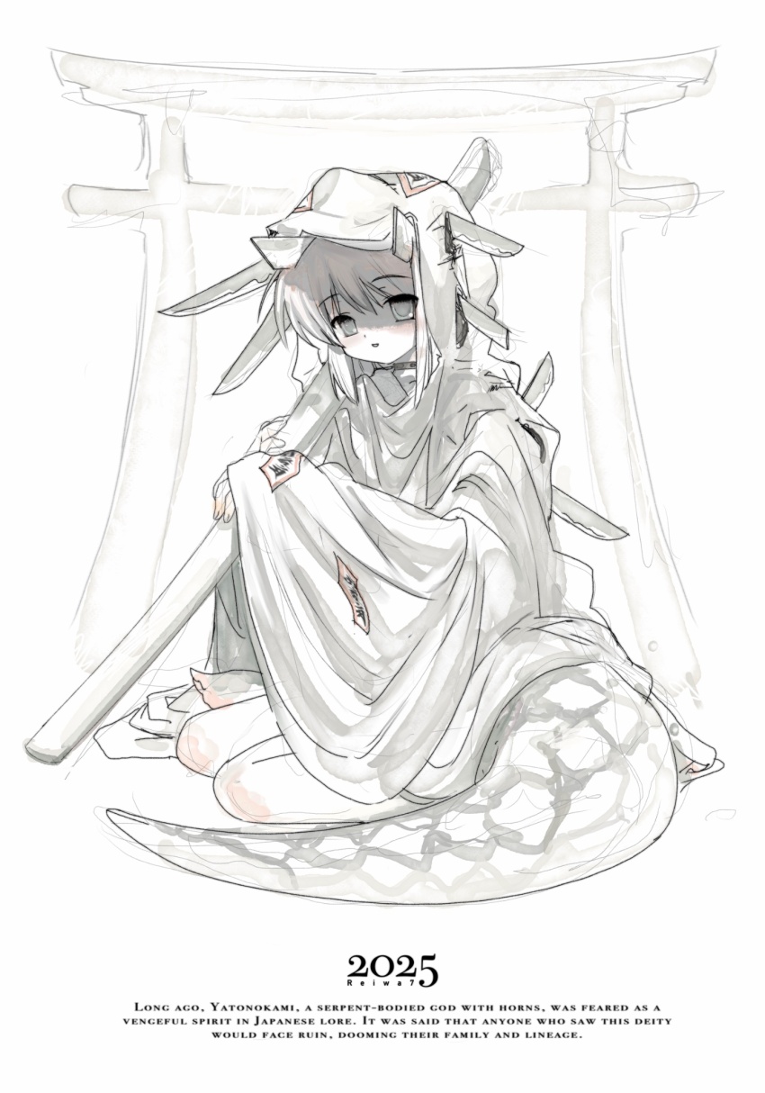 1girl 2000s_(style) 2025 bad_id bad_twitter_id english_text full_body greyscale highres holding holding_sheath hood hood_up inactive_account knife_in_head long_sleeves looking_at_viewer monochrome object_through_head ofuda original robe sheath sitting snake_tail solo spot_color suiso_(owp) tail torii white_background