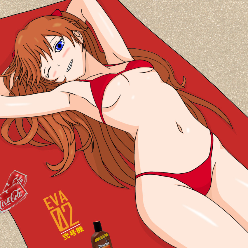 1girl armpits arms_behind_head beach bikini blue_eyes blush breasts can cleavage coca-cola curvy drink_can grin half-closed_eye highres legs long_hair looking_at_viewer lying navel neon_genesis_evangelion one_eye_closed orange_hair red_bikini sideboob small_breasts smile soda_can solo souryuu_asuka_langley swimsuit thighs thong_bikini towel twintails underboob wide_hips wink