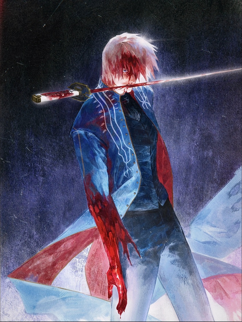 1boy absurdres blood blood_on_clothes blood_on_face bloody_weapon blue_coat blue_eyes coat devil_may_cry devil_may_cry_(series) devil_may_cry_3 highres holding holding_sword holding_weapon injury katana looking_at_viewer male_focus mouth_hold shouxianwu135 solo sword torn_clothes vergil_(devil_may_cry) weapon weapon_in_mouth white_hair yamato_(sword)