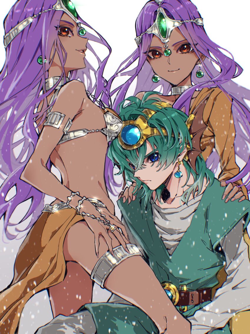 1boy 2girls aqua_tunic blue_eyes breasts brown_eyes circlet closed_mouth commentary_request dancer&#039;s_costume_(dq) dark-skinned_female dark_skin dragon_quest dragon_quest_iv dress earrings floating_clothes floating_hair frown gold_headdress green_hair hand_on_another&#039;s_shoulder hero_(dq4) highres jewelry lapi267sc long_hair looking_at_viewer looking_back manya_(dq4) medium_breasts medium_hair metal_bikini minea_(dq4) multiple_girls orange_dress orange_loincloth parted_hair pelvic_curtain profile purple_hair shirt siblings silver_armlet silver_choker silver_circlet silver_thighlet sisters smile tunic twins white_background white_shirt