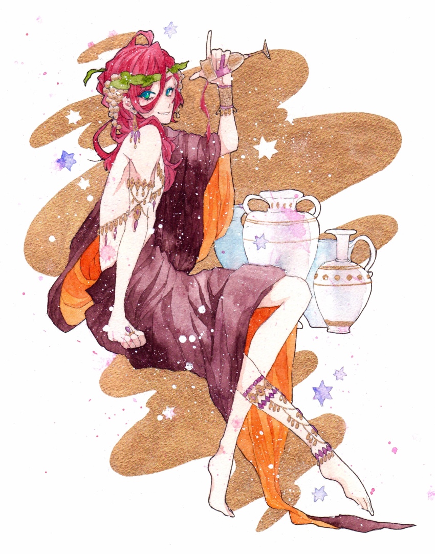 1boy absurdres alcohol anklet aqua_eyes armlet barefoot bracelet brown_robe cowlick cup dionysus_(mythology) earrings food-themed_hair_ornament from_side full_body grape_hair_ornament greek_commentary greek_mythology hair_between_eyes hair_ornament head_wreath highres holding holding_cup invisible_chair jewelry jug_(bottle) long_hair looking_at_viewer looking_to_the_side male_focus mixed-language_commentary painting_(medium) parted_lips pouring pouring_onto_self red_hair ring robe shio_(soleil) sitting smile solo star_(symbol) toga traditional_media vase watercolor_(medium) white_background wine