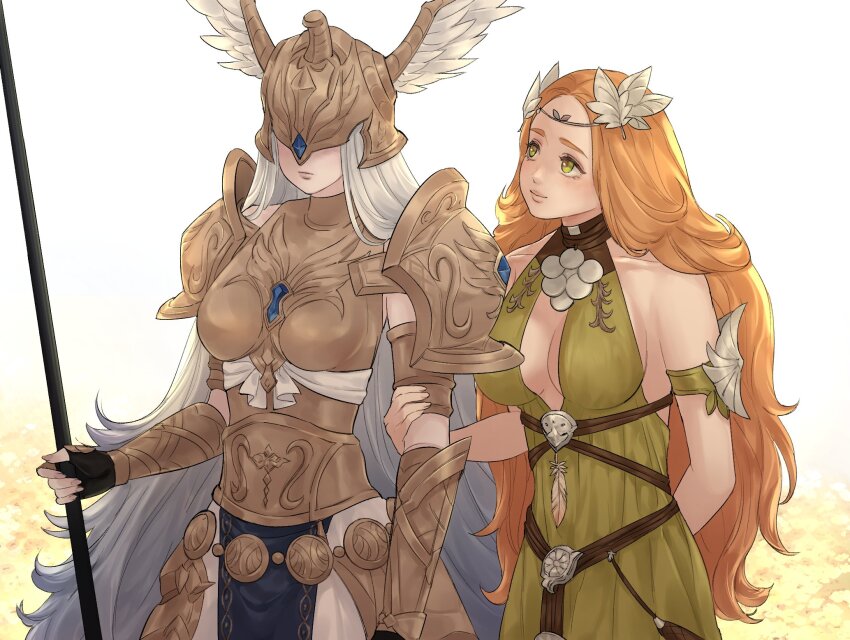 2girls armor astraea_010 bare_shoulders black_gloves breastplate breasts circlet cleavage cleavage_cutout clothing_cutout collarbone covered_eyes cowboy_shot detached_sleeves dress final_fantasy final_fantasy_xiv fingerless_gloves gloves green_dress green_eyes halone helmet helmet_over_eyes highres holding holding_another&#039;s_arm holding_polearm holding_weapon long_hair looking_at_another multiple_girls nophica orange_hair pauldrons polearm shoulder_armor sleeveless sleeveless_dress smile standing weapon white_background white_hair winged_helmet