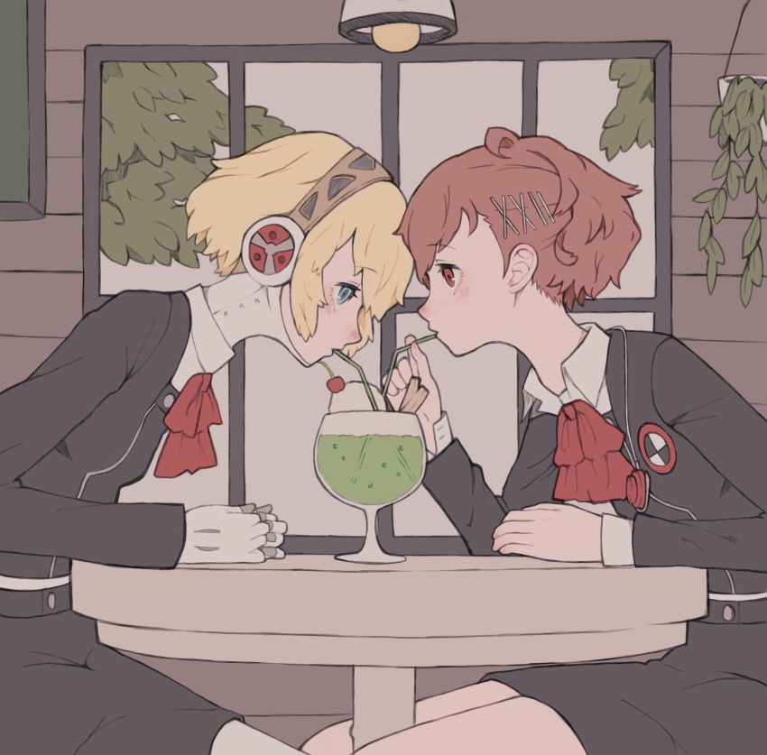 2girls absurdres aigis_(persona) android aqua_eyes black_jacket black_skirt blonde_hair blush bow drinking drinking_straw drinking_straw_in_mouth feet_out_of_frame from_side gekkoukan_high_school_uniform gold_hairband hair_ornament hairband hairclip hand_on_table hands_on_table hanging_plant highres holding_straw jacket looking_at_another multiple_girls persona persona_3 persona_3_portable profile red_bow red_eyes red_hair robot_ears school_uniform shared_drink shiomi_kotone short_hair sitting skirt snifter_glass table tbjj1208 window