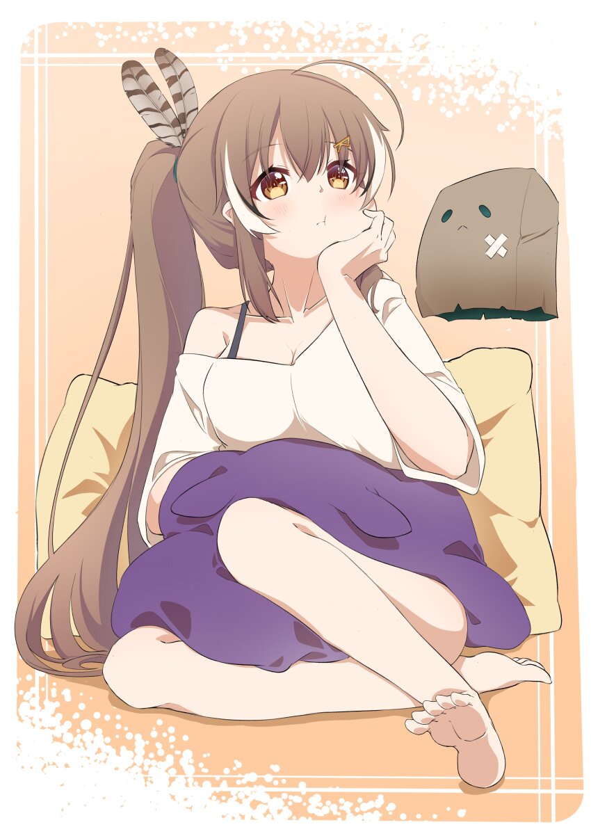 1girl absurdres ahoge alternate_costume bad_feet bare_legs barefoot ben_yuan_yang brown_eyes brown_hair crossed_bandaids crossed_bangs feather_hair_ornament feathers feet friend_(nanashi_mumei) hair_ornament hairclip head_rest highres hololive hololive_english legs long_hair looking_up multicolored_hair nanashi_mumei off-shoulder_shirt off_shoulder pillow ponytail puffy_cheeks shirt simple_background soles streaked_hair stuffed_toy takodachi_(ninomae_ina&#039;nis) toes very_long_hair virtual_youtuber white_shirt