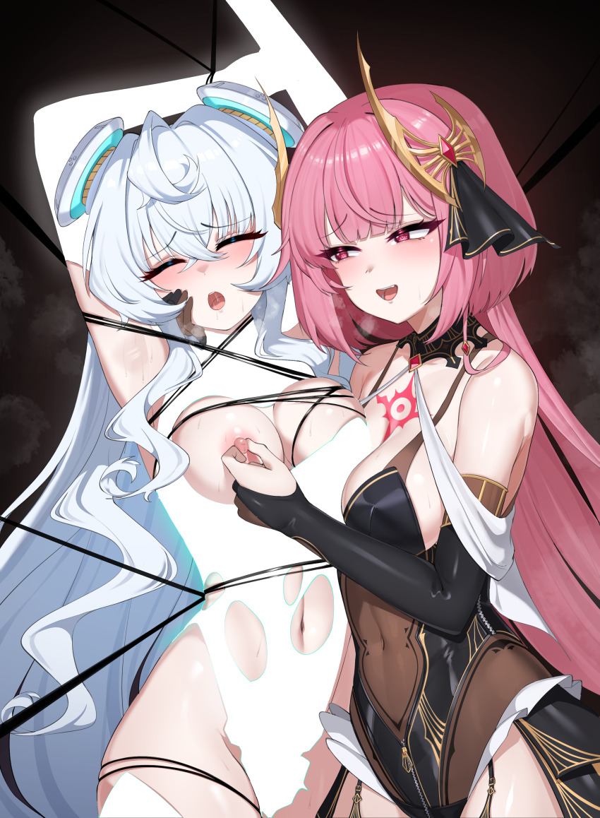 2girls absurdres ahoge armpit_crease armpits arms_up bdsm belly black_background black_leotard black_thighhighs blue_hair blush bondage boots bound bound_arms bound_legs bound_torso breasts breasts_out breath chest_tattoo cleavage clenched_teeth closed_eyes clothes_disappearing clothing_cutout collared_leotard counter:side covered_navel crest crossed_bangs dark_background detached_collar detached_sleeves disappearing_clothes drooling elbow_gloves female_focus fingerless_gloves garter_straps gloves glowing_clothes gold gold_trim grabbing_another&#039;s_breast grabbing_another&#039;s_nipples groping groping_breast hair_between_eyes hair_ornament hair_ribbon highleg highleg_leotard highres horizon_(counter:side) large_breasts legs legs_together leotard lewd_crest long_hair looking_at_another looking_to_the_side molestation multiple_girls navel nipple_stimulation nipples one_breast_out open_mouth p03145 partially_fingerless_gloves pelvic_curtain pink_hair red_background red_eyes restrained revealing_clothes ribbon saliva saliva_trail seductive_gaze seductive_smile see-through_clothes see-through_leotard shena_(counter:side) sidelocks simple_background skin_tight skindentation smile steam steaming_body sweat sweatdrop tattoo teeth thigh_boots thighhighs thighs tongue torn_clothes torn_leotard very_long_hair white_leotard white_thighhighs wince yuri
