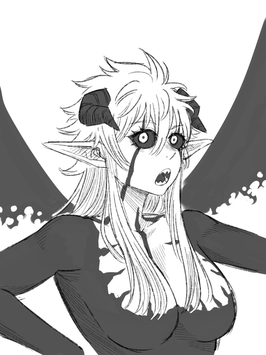 1girl black_clover breasts demon_girl demon_horns demon_wings female_focus female_liebe_(black_clover) genderswap genderswap_(mtf) highres honexstage horns large_breasts liebe_(black_clover) long_hair monochrome open_mouth pointy_ears sharp_teeth simple_background sketch teeth white_background wings