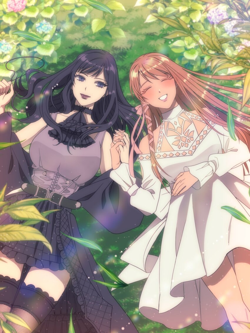 ^_^ ascot bare_shoulders black_ascot black_hair black_skirt blue_eyes closed_eyes colored_eyelashes dress final_fantasy final_fantasy_xiv fishnet_thighhighs fishnets gaia_(ff14) grin highres holding_hands interlocked_fingers long_hair looking_at_another lying mok_za on_back on_grass orange_hair ryne_waters skirt smile thighhighs white_dress
