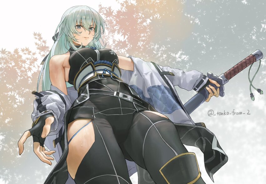 1girl aqua_hair bare_shoulders blue_eyes bodysuit closed_mouth clothing_cutout commentary_request eiyuu_densetsu fingerless_gloves from_below glove_cutout gloves highres holding holding_sword holding_weapon jacket katana kuro_no_kiseki_(series) kuro_no_kiseki_i leaf leg_cutout long_hair looking_at_viewer obi obijime off_shoulder open_clothes open_jacket reverse_grip sash shizuna_rem_misurugi sleeveless sleeveless_bodysuit standing sword tonko_from twitter_username weapon white_background white_jacket