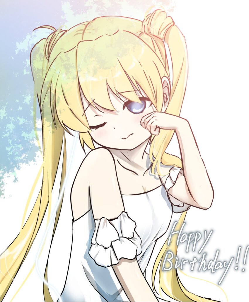 1girl bare_shoulders blonde_hair blue_eyes blush breasts collarbone commentary_request corrupted_twitter_file detached_sleeves dress hair_between_eyes hair_over_shoulder hand_up happy_birthday highres long_hair looking_at_viewer miraikanai nakatsu_shizuru one_eye_closed rewrite rubbing_eyes short_sleeves simple_background sketch small_breasts solo strapless strapless_dress sundress twintails upper_body very_long_hair white_background white_dress