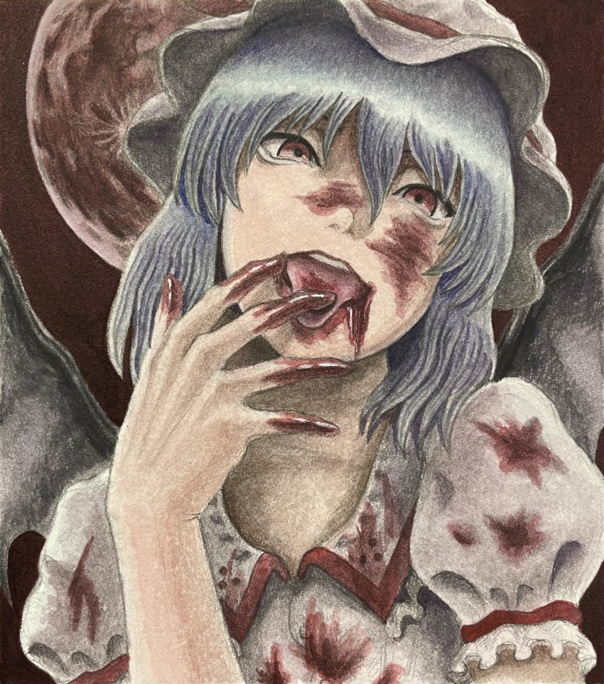 1girl absurdres bat_wings blood blood_from_mouth blood_on_clothes blood_on_hands blood_on_tongue collared_shirt frilled_sleeves frills full_moon hair_between_eyes hands_on_feet hat highres licking licking_finger moon pandemonicka puffy_short_sleeves puffy_sleeves purple_hair red_eyes red_skirt remilia_scarlet shirt short_hair short_sleeves skirt solo touhou white_shirt wings witch_hat